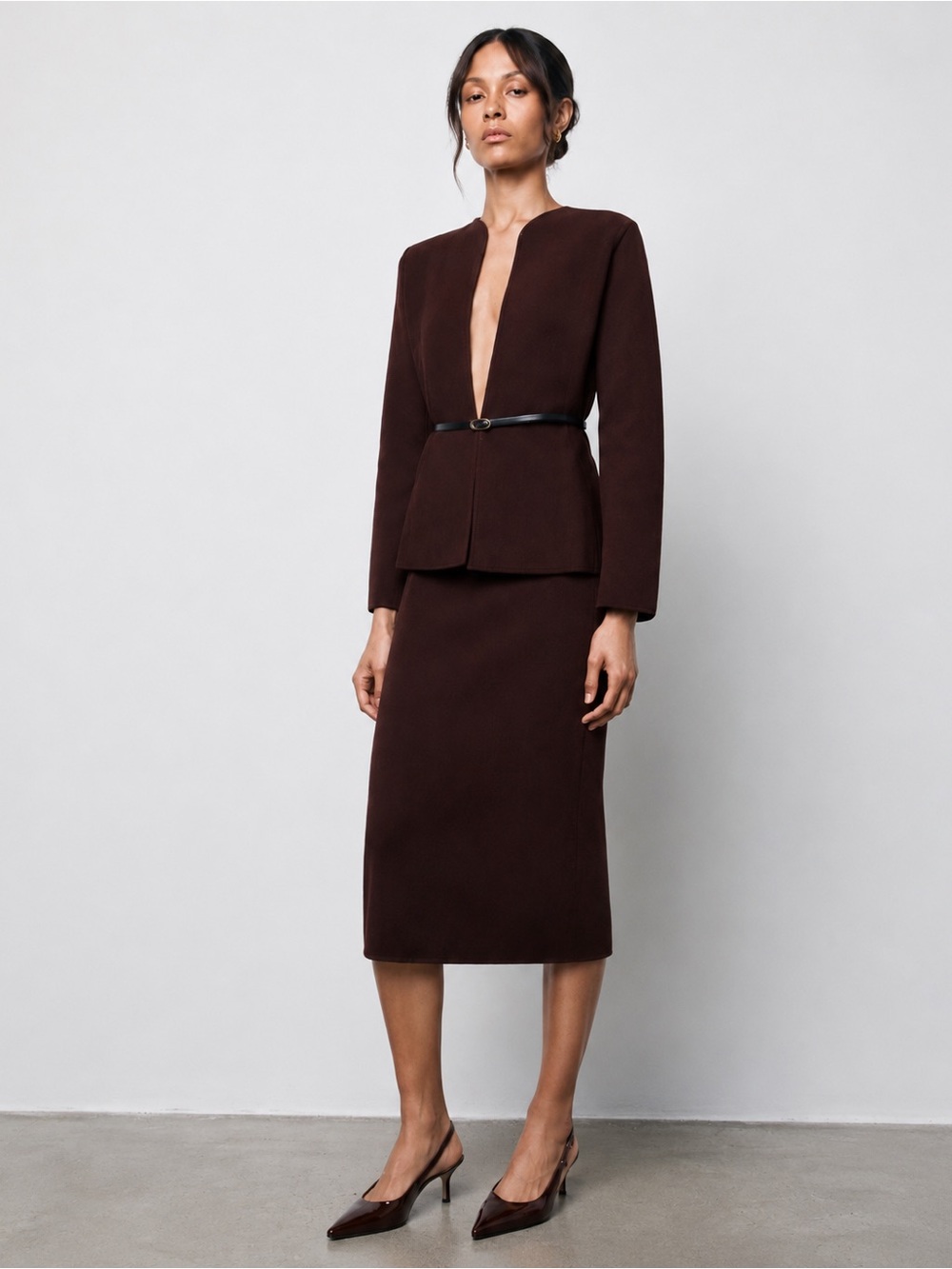 Zara Chocolate Brown Smooth Knit Belted Blazer/Cardigan Pencil Skirt Set NWT M
